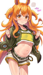 Rule 34 | 1girl, :t, absurdres, animal ears, blush, brown eyes, clenched hands, closed mouth, commentary request, crop top, green jacket, green shirt, hair between eyes, highres, horse ears, horse girl, horse tail, jacket, long hair, long sleeves, looking at viewer, mayano top gun (umamusume), mikumo (lpmkookm), navel, open clothes, open jacket, orange hair, pout, puffy long sleeves, puffy sleeves, shirt, short shorts, shorts, simple background, solo, standing, tail, two side up, umamusume, very long hair, white background, white shorts