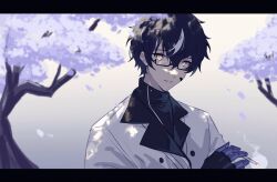 Rule 34 | 1boy, black hair, cigarette, glasses, hair between eyes, holding, holding cigarette, jacket, lapels, looking at viewer, mao (expuella), mechanical hands, multicolored hair, noan (punishing: gray raven), punishing: gray raven, semi-rimless eyewear, short hair, slit pupils, smile, smoking, solo, streaked hair, tree, turtleneck, white jacket, yellow eyes