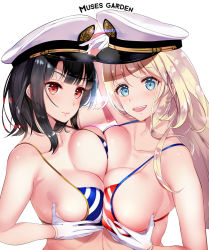 Rule 34 | 10s, 2girls, atago (kancolle), bikini, black hair, blonde hair, blue bikini, blue eyes, breast press, breasts, closed mouth, collarbone, gloves, group name, hat, hayakawa akari, kantai collection, large breasts, lips, long hair, looking at viewer, military hat, multiple girls, open mouth, red bikini, red eyes, short hair, simple background, skindentation, striped bikini, striped clothes, swimsuit, symmetrical docking, takao (kancolle), upper body, white background, white gloves