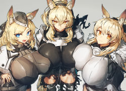 Rule 34 | 3girls, :d, alternate breast size, animal ear fluff, animal ears, arknights, armor, arms behind back, aunt and niece, black bow, black headwear, black legwear, black scarf, black shorts, blemishine (arknights), blonde hair, blue eyes, bow, breast press, breastplate, breasts, closed mouth, fang, female focus, from above, fur collar, garrison cap, grey background, hair between eyes, hair bow, hand on own hip, hat, headset, horse ears, horse girl, horse tail, huge breasts, kingdom of kazimierz logo, knee pads, long hair, looking at viewer, melon22, multiple girls, nearl (arknights), open mouth, orange eyes, ponytail, scarf, shorts, shoulder armor, siblings, sidelocks, sisters, skin fang, smile, standing, tail, thick eyebrows, thighhighs, torn clothes, tsurime, v-shaped eyebrows, whislash (arknights), white armor