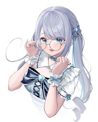 Rule 34 | 1girl, absurdres, adjusting eyewear, aqua bow, aqua eyes, aqua hair, blue bow, blue bowtie, bow, bowtie, breasts, brooch, commentary, cropped torso, drill hair, glasses, grey hair, hair bow, hands up, highres, horo 27, jewelry, kaga sumire, large breasts, looking at viewer, lupinus virtual games, multicolored hair, open mouth, portrait, puffy short sleeves, puffy sleeves, short sleeves, simple background, smile, solo, streaked hair, twintails, upper body, virtual youtuber, vspo!, white background, white wrist cuffs, wrist cuffs