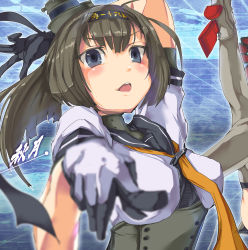 Rule 34 | 10s, 2girls, akizuki (kancolle), arm up, armadillo-tokage, bad id, bad pixiv id, bismarck (kancolle), black hair, blue eyes, blurry, blush, character name, clothes writing, depth of field, gloves, grey legwear, hairband, highres, kantai collection, long hair, looking at viewer, multiple girls, open mouth, outline, pointing, ponytail, school uniform, serafuku, short sleeves, solo focus, thighhighs