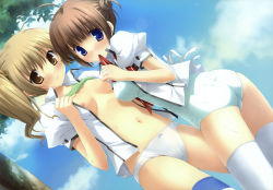 Rule 34 | 2girls, absurdres, ass, asymmetrical hair, blonde hair, blue eyes, blush, breasts, brown eyes, brown hair, clothes lift, day, dutch angle, highres, ikegami akane, image sample, light brown hair, looking at viewer, makiya sumika, medium breasts, mouth hold, multiple girls, navel, nipples, one-piece swimsuit, open clothes, open shirt, panties, ribbon, ribbon in mouth, school swimsuit, school uniform, shirt, shirt lift, side ponytail, sky, swimsuit, swimsuit under clothes, tezuka yumimi, thighhighs, underwear, undressing, white legwear, white panties, white school swimsuit, white one-piece swimsuit, with ribbon