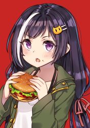 Rule 34 | 1girl, absurdres, bad id, bad pixiv id, black hair, burger, cat hair ornament, collarbone, commentary, fingernails, food, food on face, goyain, green jacket, hair ornament, hair ribbon, hairclip, highres, holding, holding food, jacket, karyl (princess connect!), karyl (real) (princess connect!), long hair, long sleeves, looking at viewer, multicolored hair, open clothes, open jacket, open mouth, pink ribbon, princess connect!, purple eyes, red background, ribbon, shirt, simple background, solo, streaked hair, upper body, v-shaped eyebrows, white hair, white shirt
