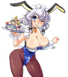 Rule 34 | 3girls, animal ears, blue eyes, blush, bondo, braid, breasts, bursting breasts, cleavage, covered erect nipples, erection, flandre scarlet, futanari, izayoi sakuya, large breasts, leaning forward, legs, looking at viewer, multiple girls, one eye closed, parted lips, penis, remilia scarlet, shiny clothes, shiny skin, short hair, silver hair, smile, source request, standing, thighs, touhou, uncensored, white background