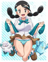 Rule 34 | 1girl, abomasnow, black hair, blouse, blush, bouncing breasts, breasts, brown eyes, candice (pokemon), clothes around waist, collared shirt, creatures (company), frilled skirt, frills, full body, game freak, gen 3 pokemon, gen 4 pokemon, gym leader, hair ornament, jacket, jacket around waist, jumping, large breasts, legendary pokemon, long sleeves, looking at viewer, low twintails, multi-tied hair, nintendo, open mouth, panties, pantyshot, pokemoa, pokemon, pokemon (creature), pokemon dppt, regice, shirt, simple background, skirt, smile, snow, socks, striped background, striped clothes, striped legwear, striped panties, striped socks, twintails, underwear, white background, white shirt, wind, wind lift