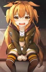 Rule 34 | 1girl, animal ears, between legs, brown eyes, brown hair, brown jacket, brown shirt, brown thighhighs, commentary request, crying, crying with eyes open, feet out of frame, hair between eyes, hand between legs, highres, horse ears, horse girl, horse tail, indoors, jacket, long hair, long sleeves, looking at viewer, mayano top gun (umamusume), mctom, midriff, navel, open clothes, open jacket, open mouth, shirt, short shorts, shorts, solo, tail, tears, thighhighs, two side up, umamusume, very long hair, white shorts
