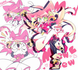 Rule 34 | 1girl, animal ears, bell, boots, cat ears, cat tail, disembodied head, full body, gloves, green eyes, holding, jingle bell, long hair, mad mew mew, magical girl, pink hair, pink ribbon, puffy short sleeves, puffy sleeves, ribbon, short sleeves, skirt, smile, solo, standing, tail, undertale, wand, white footwear, white gloves
