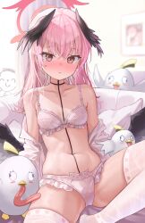 Rule 34 | 1girl, black wings, blue archive, blush, bra, breasts, closed mouth, collarbone, feathered wings, gisi (gicgic draw), halo, head wings, highres, koharu (blue archive), looking at viewer, low wings, navel, panties, pink eyes, pink hair, pink halo, sensei (blue archive), small breasts, thighhighs, underwear, white thighhighs, wings