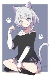 Rule 34 | 1girl, animal ears, bang dream!, bang dream! it&#039;s mygo!!!!!, black footwear, black shirt, blue bow, blue eyes, border, bow, cat ears, cat girl, cat tail, chinese commentary, closed mouth, collarbone, commentary request, heterochromia, highres, kaname raana, kemonomimi mode, layered sleeves, long sleeves, looking at viewer, medium hair, off shoulder, paw print, paw print background, shadow, shirt, short over long sleeves, short sleeves, sitting, sleeves past wrists, solo, tail, white border, white hair, white shirt, wolf cut, yellow eyes, zhong xiansheng