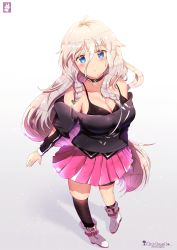 Rule 34 | 1girl, asymmetrical legwear, bad id, bad pixiv id, bare shoulders, black bra, black choker, black shirt, black thighhighs, blonde hair, blue eyes, blush, boots, bra, braid, breasts, chinchongcha, choker, cleavage, commentary, english commentary, full body, high heel boots, high heels, highres, ia (vocaloid), jewelry, long hair, looking at viewer, medium breasts, necklace, pink skirt, pleated skirt, shadow, shirt, signature, simple background, skirt, socks, solo, standing, thighhighs, twin braids, underwear, uneven legwear, very long hair, vocaloid, white background, white footwear
