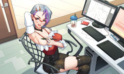 Rule 34 | 1girl, :d, absurdres, armpits, asymmetrical hair, black choker, breasts, bubble tea, chair, choker, computer, covered erect nipples, cross-laced clothes, cross-laced skirt, drawing tablet, finaru-dorim, frills, from above, hair ornament, hairclip, highres, holding, holding pen, indoors, keyboard (computer), large breasts, miniskirt, mole, mole under mouth, open mouth, original, pen, purple hair, red-framed eyewear, red tank top, silver hair, skirt, smile, solo, spaghetti strap, tank top, teacher, thighhighs, zettai ryouiki