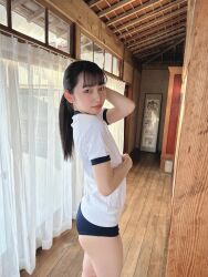 Rule 34 | 1girl, black hair, buruma, gym uniform, hayakawa mayu, highres, photo (medium), ponytail