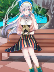 Rule 34 | 1girl, anastasia (fate), bare legs, bench, blouse, breasts, doll, eyebrows hidden by hair, eyes visible through hair, fate/grand order, fate (series), hair over one eye, hair ribbon, hairband, highres, holding, holding doll, long hair, looking at viewer, official alternate costume, open mouth, outdoors, park, ribbon, scarf, shirt, sii artatm, sitting, skirt, smile, solo, spring (object), striped clothes, striped skirt, tree, vertical-striped clothes, vertical-striped skirt, white hair
