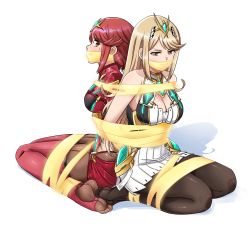 Rule 34 | 2girls, arms behind back, bare shoulders, bdsm, blonde hair, bondage, bound, bound ankles, bound legs, bound together, breasts, cleavage, dress, gag, gagged, hair ornament, improvised gag, jewelry, large breasts, lost one zero, multiple girls, mythra (massive melee) (xenoblade), mythra (xenoblade), nintendo, pantyhose, pyra (xenoblade), red eyes, red hair, sideboob, sleeveless, sleeveless dress, sweat, tape, tape gag, xenoblade chronicles (series), xenoblade chronicles 2, yellow eyes