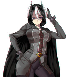 Rule 34 | 1girl, absurdres, belt buckle, black cape, black eyes, black gloves, black hair, black pants, buckle, cape, contrapposto, cowboy shot, gloves, hair between eyes, hand on own hip, highres, kisaragi tsurugi, made in abyss, multicolored hair, ozen, pants, short hair, simple background, solo, standing, two-tone hair, white background, white hair, wrist cuffs