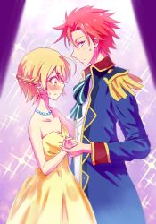 Rule 34 | 1boy, 1girl, ahoge, blonde hair, blue coat, blue eyes, blush, bow, bowtie, braid, breasts, cleavage, coat, collarbone, couple, dress, earrings, embarrassed, french braid, harryham harry, hetero, highres, holding hands, hugtto! precure, jewelry, kagayaki homare, kyoutsuugengo, long sleeves, looking at viewer, looking to the side, open clothes, open coat, precure, red hair, short hair, sleeveless, sleeveless dress, small breasts, spiked hair, strapless, strapless dress, striped bow, striped bowtie, striped clothes, striped neckwear, sweatdrop, yellow dress, yellow eyes