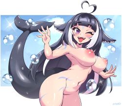 Rule 34 | ahoge, bebatch, black hair, breasts, cetacean tail, cloud, cloudy sky, eyelashes, fang, fins, fish tail, heart, heart ahoge, highres, indie virtual youtuber, large breasts, long hair, navel, nipples, purple eyes, shylily, sky, tail, tattoo, tongue, tongue out, virtual youtuber, water drop, white hair