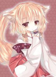 Rule 34 | 1girl, animal ears, blonde hair, cube hair ornament, food, fox ears, fox tail, hair ornament, hair tubes, japanese clothes, long hair, looking at viewer, low-tied long hair, miko, original, red eyes, simple background, solo, suzunone rena, tail, traditional clothes