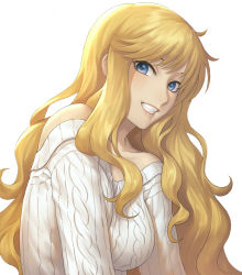 Rule 34 | 1girl, aran sweater, bare shoulders, blonde hair, blue eyes, breasts, cable knit, collarbone, commentary request, face, grin, idolmaster, idolmaster cinderella girls, large breasts, long hair, looking at viewer, nhaliz, ohtsuki yui, ribbed sweater, simple background, smile, solo, sweater, teeth, very long hair, wavy hair, white background, white sweater