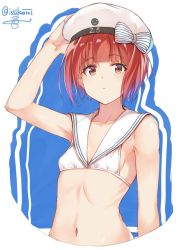 Rule 34 | 10s, 1girl, arm at side, arm up, artist name, bare arms, bare shoulders, beret, bikini, bikini top only, blunt bangs, blush, bow, breasts, character name, closed mouth, clothes writing, collarbone, expressionless, eyebrows, hand on headwear, hat, hat bow, holding, holding clothes, holding hat, isshiki (ffmania7), kantai collection, navel, red eyes, red hair, sailor bikini, sailor collar, short hair, signature, small breasts, smiley face, solo, stomach, striped, striped bow, swimsuit, twitter username, white bikini, white hat, z3 max schultz (kancolle)