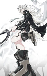 Rule 34 | 1girl, absurdres, animal ears, arknights, black jacket, black shorts, boots, commentary, highres, holding, holding sword, holding weapon, infection monitor (arknights), jacket, lappland (arknights), necktie, scar, scar across eye, scrapiron2800, shorts, sword, tail, weapon, white eyes, white hair, wolf ears, wolf tail