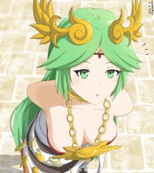 Rule 34 | 1girl, absurdres, ancient greek clothes, armlet, bare shoulders, blush, breasts, chiton, cleavage, downblouse, dress, ega-chan, forehead jewel, gold, green eyes, green hair, highres, jewelry, kid icarus, kid icarus uprising, large breasts, laurel crown, long hair, neck ring, necklace, nintendo, palutena, parted bangs, pendant, side slit, single thighhigh, solo, strapless, strapless dress, thighhighs, vambraces, very long hair, white dress