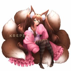 Rule 34 | 1girl, animal ear fluff, animal ears, black thighhighs, blush, brown hair, cardigan, closed eyes, collarbone, commentary, commission, english commentary, fluffy, fox ears, fox girl, fox tail, frills, green eyes, highres, krepexz, large tail, long hair, looking at viewer, multiple tails, open cardigan, open clothes, original, oversized clothes, pink cardigan, plushmallow, shirt, simple background, sitting, sitting on tail, sleeves past fingers, sleeves past wrists, smile, solo, striped clothes, striped thighhighs, tail, thighhighs, twintails, watermark, white background, white shirt