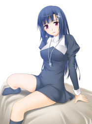 Rule 34 | 00s, 1girl, black socks, blue hair, blush, breasts, cross, cross necklace, feet, hair ornament, hairclip, happy, indoors, jewelry, kannagi, kneehighs, large breasts, latin cross, looking at viewer, miniskirt, necklace, nun, open mouth, purple eyes, ribucci, simple background, skirt, socks, solo, white background, zange