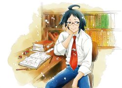Rule 34 | 1boy, ahoge, arm rest, arm support, belt, black belt, black hair, blue eyes, blue pants, book, bookshelf, breast pocket, chair, cheren (pokemon), closed mouth, collared shirt, commentary request, creatures (company), dante0909, desk, elbow on table, game freak, glasses, head rest, looking away, looking to the side, male focus, necktie, nintendo, open book, pants, pen, pocket, poke ball, poke ball (basic), pokemon, pokemon bw2, red necktie, shirt, short bangs, sitting, sleeves past elbows, slouching, smile, solo, table, white shirt