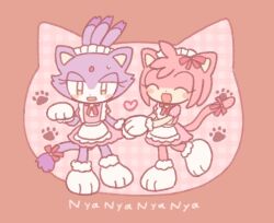 Rule 34 | 2girls, amy rose, animal ears, blaze the cat, blush, buke-baisen, cat day, cat ears, cat girl, cat tail, closed eyes, forehead jewel, furry, furry female, gloves, looking at viewer, maid, maid headdress, multiple girls, open mouth, paw print, pink fur, purple fur, ribbon, sonic (series), tail, tail ornament, tail ribbon, topknot, white gloves
