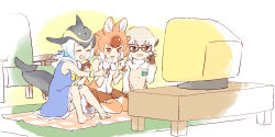 Rule 34 | 3girls, adjusting eyewear, animal ears, bare legs, bare shoulders, barefoot, black hair, blonde hair, blowhole, blue dress, blue hair, bow, bowtie, brown gloves, brown hair, brown skirt, cetacean tail, clenched hands, commentary request, common dolphin (kemono friends), dhole (kemono friends), dog ears, dog girl, dog tail, dorsal fin, dress, extra ears, fins, fish tail, glasses, gloves, grey hair, grey sweater, highres, japari symbol, kemono friends, kemono friends 3, light brown hair, long sleeves, meerkat (kemono friends), meerkat ears, multicolored hair, multiple girls, on floor, pleated skirt, pointing, sailor collar, sailor dress, seiza, shirt, sitting, skirt, sleeveless, sleeveless dress, sweater, tail, television, thighhighs, uubira nu issha, white shirt, yellow eyes, yellow neckwear, zettai ryouiki