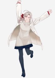 Rule 34 | 1girl, arms up, black pantyhose, bow, dress, closed eyes, grey background, grey hair, hair bow, highres, jacket, kantai collection, kinugasa (kancolle), leg up, long hair, long sleeves, ojipon, open clothes, open jacket, pantyhose, plaid, plaid bow, red bow, short dress, simple background, smile, solo, sweater, sweater dress, white dress, white jacket