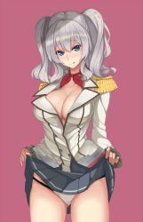Rule 34 | 10s, 1girl, :q, bare legs, blue eyes, blush, breasts, buttons, cleavage, clothes lift, collarbone, cowboy shot, double-breasted, dress shirt, epaulettes, eyebrows, female focus, frilled sleeves, frills, gluteal fold, grey shirt, highres, jacket, kantai collection, kashima (kancolle), kerchief, large breasts, legs, lifting own clothes, long hair, long sleeves, looking at viewer, military, military uniform, miniskirt, neck, neck ribbon, no bra, open clothes, open jacket, open shirt, panties, pink background, pleated skirt, purple background, ribbon, shirt, short hair, sidelocks, silver hair, simple background, skirt, skirt lift, solo, standing, string panties, sukitsukasa, tongue, tongue out, twintails, unbuttoned, underwear, uniform