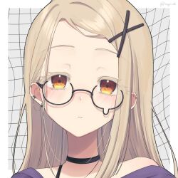 1girl blush choker close-up ear_piercing expressionless gakuen_idolmaster glasses grey_hair hair_ornament highres hisagi_wkb idolmaster long_hair looking_at_viewer orange_eyes piercing shinosawa_hiro solo teardrop-framed_glasses upper_body x_hair_ornament