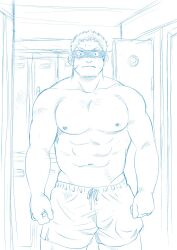 Rule 34 | 1boy, abs, alternate body hair, arms at sides, bara, blue theme, blush, cowboy shot, facial hair, facial scar, goatee, goshingo1, large pectorals, locker, locker room, male focus, muscular, muscular male, navel, nipples, pectorals, scar, scar on cheek, scar on face, short hair, short shorts, shorts, solo, sparse chest hair, spiked hair, stomach, straight-on, stubble, tamamura gunzo, thick eyebrows, tokyo houkago summoners, topless male