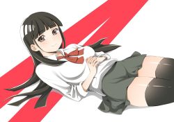 Rule 34 | 1girl, black hair, black thighhighs, blunt bangs, blush, brown eyes, commentary, cowboy shot, cropped legs, hime cut, kobuchizawa shirase, koube, long hair, looking at viewer, lying, neck ribbon, own hands clasped, own hands together, red background, ribbon, school uniform, shirt, skirt, sleeves rolled up, solo, sora yori mo tooi basho, thighhighs, white background, white shirt, zettai ryouiki
