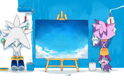 Rule 34 | 1boy, 1girl, aimf, animal ears, apron, arm up, artist name, blaze the cat, blue background, blue footwear, blue sky, blue theme, body fur, boots, canvas (object), cat ears, cat girl, cat tail, cloud, coat, dirty, dirty clothes, easel, from behind, full body, fur-trimmed footwear, fur-trimmed gloves, fur trim, furry, furry female, furry male, gloves, hair tie, hand up, high heels, holding, holding paintbrush, long hair, long sleeves, multicolored hair, neon trim, paint, paint roller, paintbrush, painting (action), painting (object), pink footwear, purple coat, purple fur, purple hair, short hair, signature, silver the hedgehog, sky, sonic (series), spiked hair, standing, tail, tin can, tiptoes, topknot, two-tone hair, white fur, white gloves, white hair