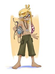 Rule 34 | 1boy, artist name, barefoot, blonde hair, collarbone, commentary, commission, english commentary, full body, gradient hair, green pants, grin, groin, highres, holding, inkling, inkling boy, inkling player character, lanyard, long hair, male focus, multicolored hair, navel, nintendo, pants, pointy ears, purple hair, seatha, simple background, smile, solo, splatoon (series), teeth, tentacle hair, topless male, two-tone hair, white background, yellow eyes