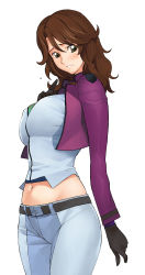 Rule 34 | 00s, 1girl, a1 (initial-g), absurdres, blush, breasts, brown eyes, brown hair, gloves, groin, gundam, gundam 00, highres, jacket, large breasts, light smile, long hair, midriff, navel, pants, shirt, simple background, skin tight, solo, sumeragi lee noriega, tight clothes, tight pants, tight shirt