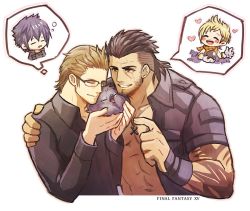 Rule 34 | 2boys, bara, black hair, blonde hair, commentary request, facial hair, final fantasy, final fantasy xv, gladiolus amicitia, glasses, ignis scientia, jacket, male focus, mature male, multiple boys, muscular, muscular male, noctis lucis caelum, prompto argentum, scar, scar on face, shiba156 ff14, smile, spiked hair, tattoo