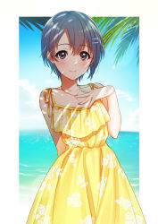 Rule 34 | 1girl, absurdres, arm behind back, bare arms, bare shoulders, blush, border, closed mouth, collarbone, cowboy shot, day, dress, fingernails, floral print, grey eyes, grey hair, hair between eyes, hair ornament, hairclip, hand on own chest, hand up, highres, horizon, idolmaster, idolmaster cinderella girls, jewelry, looking at viewer, mikapoe, necklace, ocean, otokura yuuki, outdoors, outside border, palm tree, pendant, print dress, shade, short hair, sleeveless, sleeveless dress, smile, solo, spaghetti strap, standing, sundress, tree, tree shade, water, white border, yellow dress