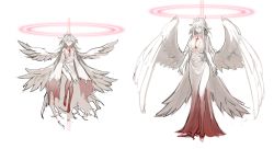 Rule 34 | 2girls, absurdres, angel, angel wings, antenna hair, bare shoulders, barefoot, blood, blood on clothes, blood on leg, breasts, closed mouth, clothing cutout, collarbone, controlline3, counter:side, covered collarbone, dress, feathered wings, floating, flower, food on body, grey background, grey hair, grey wings, hair wings, half-closed eyes, halo, highres, large breasts, long hair, low wings, multiple girls, multiple wings, parted lips, red eyes, red halo, rose, see-through, shoulder cutout, simple background, sketch, sleeves past fingers, sleeves past wrists, standing, torn, torn clothes, torn dress, very long hair, white flower, white rose, wings