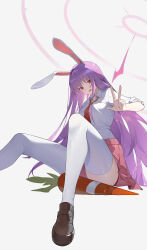 Rule 34 | 1girl, absurdres, animal ears, brown footwear, carrot, chinese commentary, collared shirt, commentary request, feishi, foot out of frame, hand up, highres, knees up, loafers, long hair, looking at viewer, necktie, on ground, open mouth, pink skirt, pleated skirt, purple hair, rabbit ears, rabbit girl, red eyes, red necktie, reisen udongein inaba, shirt, shoes, sitting, skirt, sleeves rolled up, smile, solo, thighhighs, touhou, very long hair, w, white background, white shirt, white thighhighs