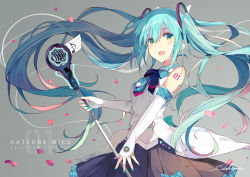 Rule 34 | 1girl, anniversary, aqua hair, character name, detached sleeves, floating hair, green eyes, grey background, hatsune miku, highres, long hair, magical mirai (vocaloid), magical mirai miku, magical mirai miku (2017), microphone, musical note, nail polish, open mouth, skirt, solo, sutorora, twintails, very long hair, vocaloid