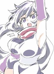 1girl ayame_(gundam_build_divers) black_hair boots breasts elbow_gloves gloves gundam gundam_build_divers highleg_springsuit highres hip_armor japanese_clothes kimono kuji-in large_breasts long_hair looking_at_viewer low_ponytail mask mouth_mask ninja ninja_mask ponytail purple_eyes purple_gloves red_scarf scarf short_kimono solo split_ponytail springsuit thighhighs thighhighs_under_boots very_long_hair yanada_kiyorin