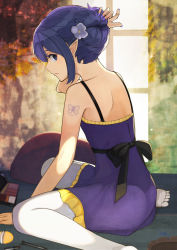 Rule 34 | 1girl, arm tattoo, back, backless dress, backless outfit, bad id, bad pixiv id, black bow, blue eyes, blue hair, blurry, bow, box, braid, buckle, butterfly tattoo, cosmetics, depth of field, dress, eyelashes, fate/stay night, fate (series), flower, hair flower, hair ornament, hair up, lipstick tube, looking at viewer, makeup, matching hair/eyes, medea (fate), nail polish, no shoes, pantyhose, parted lips, pillow, pointy ears, profile, purple dress, purple hair, purple nails, rouge (makeup), sash, scroll lock (scrool5), shade, sitting, sleeveless, sleeveless dress, solo, tattoo, wariza, window