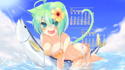 Rule 34 | 1girl, :d, ahoge, animal ears, bikini, blush, breasts, calendar, cat ears, cat tail, cleavage, dodome-iro mayonnaise, fish, flower, frilled bikini, frills, green eyes, green hair, hair flower, hair ornament, hibiscus, highres, large breasts, light rays, looking at viewer, matching hair/eyes, open mouth, original, partially submerged, sharon (dodomayo), short hair, side-tie bikini bottom, smile, solo, sunbeam, sunlight, swimsuit, tail, untied, wallpaper, water