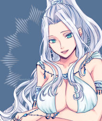 Rule 34 | 1girl, aoji (pixiv951678), aqua eyes, armlet, bad id, bad pixiv id, breasts, cleavage, commentary request, dress, earrings, gensou suikoden, gensou suikoden ii, highres, jeane (suikoden), jewelry, large breasts, long hair, revealing clothes, silver hair, sleeveless, sleeveless dress, solo, twitter username, very long hair, white dress