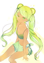 Rule 34 | 1girl, bikini, breasts, cleavage, colored eyelashes, cookie run, earrings, green bikini, green eyes, green hair, hair ornament, jewelry, lime cookie, long hair, lpip, matching hair/eyes, navel, open mouth, sarong, simple background, sitting, small breasts, solo, swept bangs, swimsuit, tan, twintails